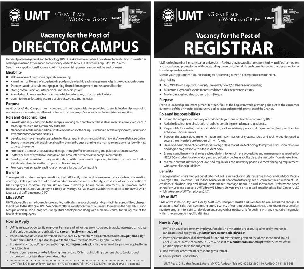 UMT University of Management and Technology Jobs 2023 – University of Management & Technology Lahore Jobs 2023 — original advertisement