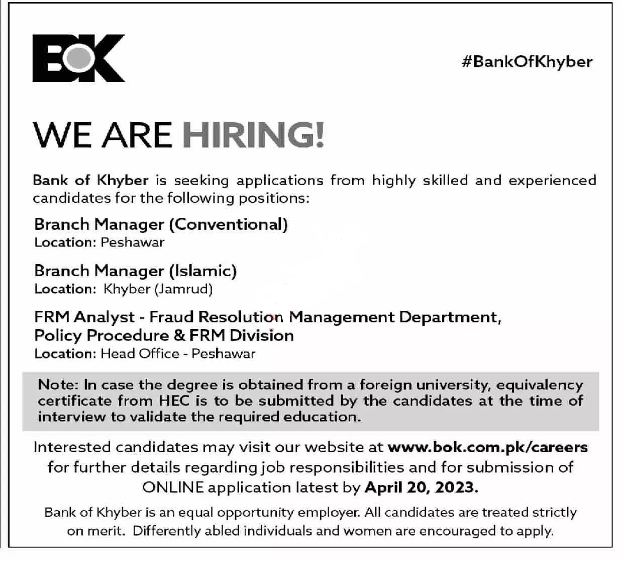 Bank of khyber BOK Jobs 2023 Jobs 2023 — original advertisement