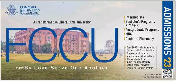 Forman Chistian College Lahore Admissions 2023 – Forman Christian College Lahore Admissions 2023 — original advertisement