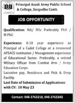 Army Public School & College Sargodha Cantt Jobs 2023 – Army Public School & College Paksitan Jobs 2023 — original advertisement