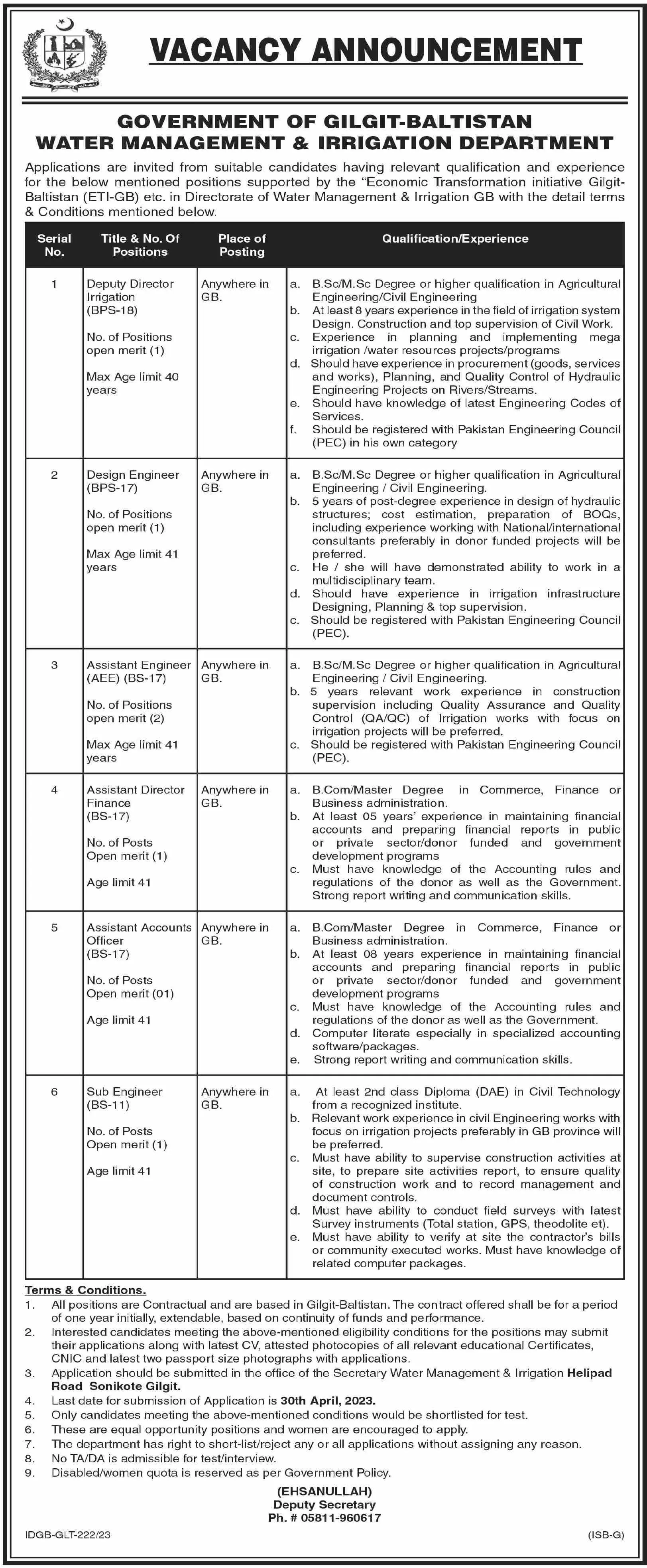 Irrigation Department Gilgit Baltistan Jobs 2023 – Government of Gilgit-Baltistan Jobs 2023 — original advertisement
