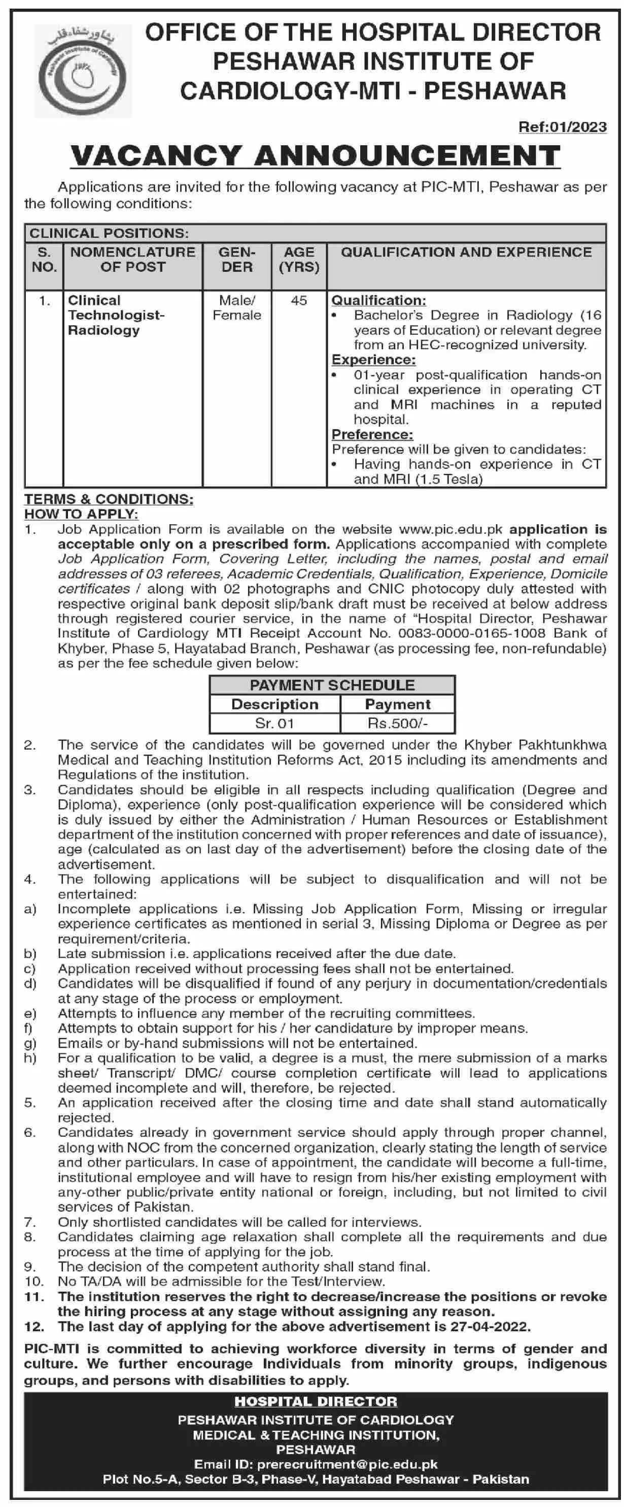 Peshawar Institute of Cardiology MTI Peshawar Jobs 2023 Jobs 2023 — original advertisement