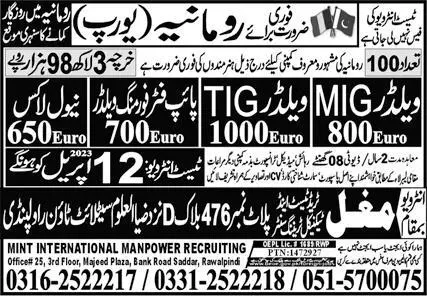Pipe Fitter Forming Welder & MIG Welder Jobs 2023 – Mint International Manpower Recruitment Jobs 2023 — original advertisement
