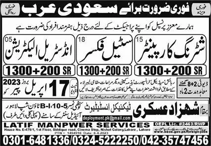 Industrial Electrician & Shuttering Carpenter Jobs 2023 – Latif Manpower Services Jobs 2023 — original advertisement