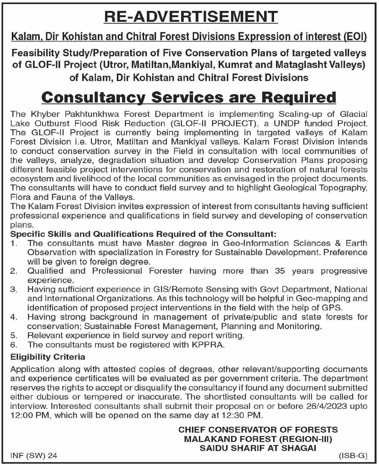Forest Division Chitral Khyber Pakhtunkhwa Job 2023 – Forest Department Khyber Pakhtunkhwa Jobs 2023 — original advertisement