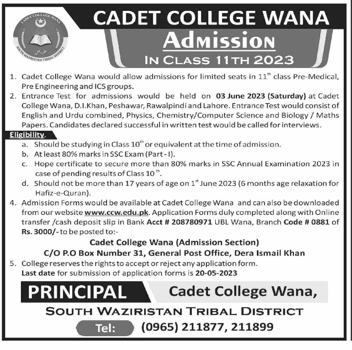 Cadet College Wana Admissions 2023 Admissions 2023 — original advertisement