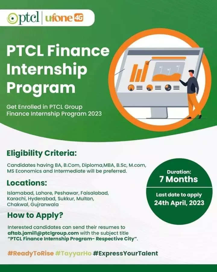 PTCL Finance Internship Program 2023 – Pakistan Telecommunication Limited Jobs 2023 — original advertisement