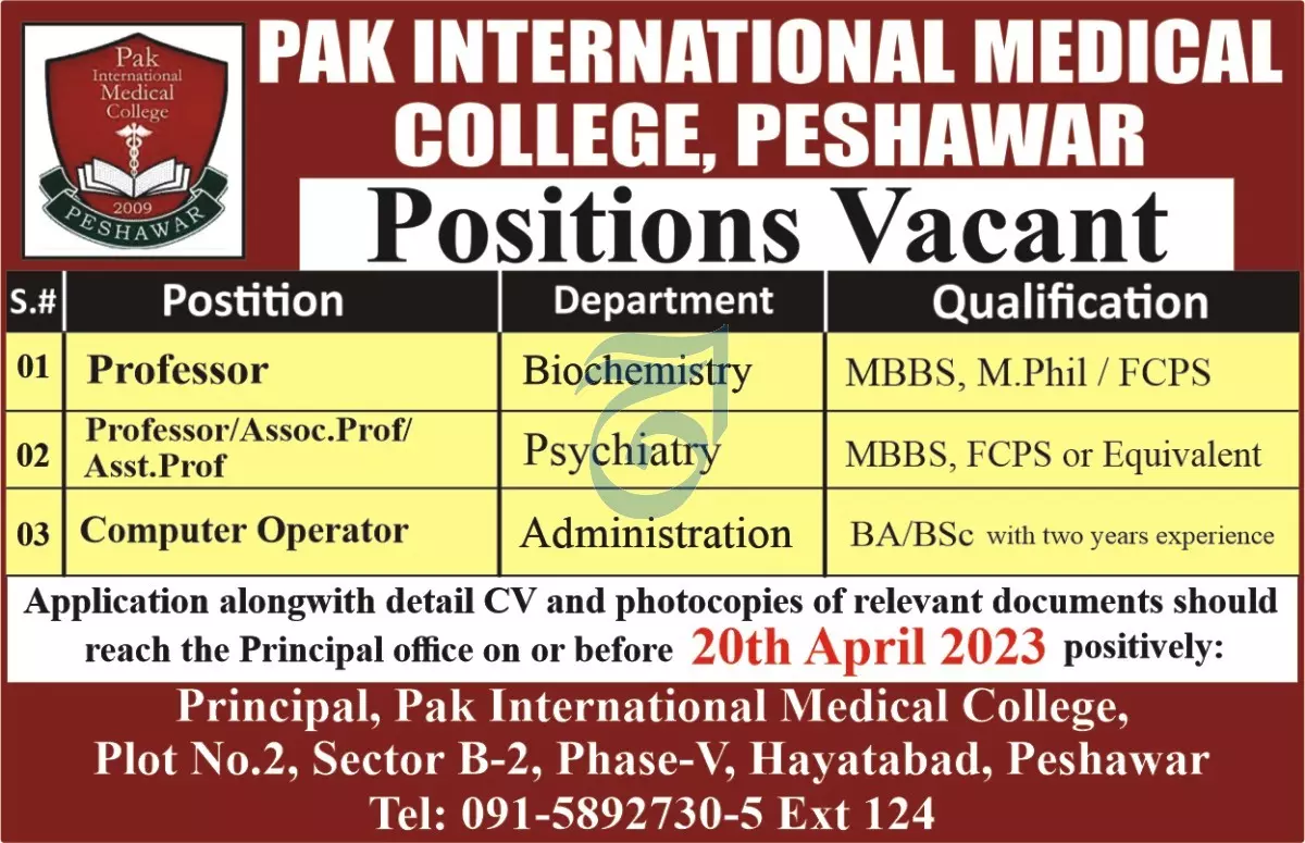 Pak International Medical College Peshawar Jobs 2023 Jobs 2023 — original advertisement