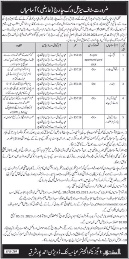 Abbasia Link Division Ahmedpur Sharqia Jobs 2023 – Irrigation Department Punjab Jobs 2023 — original advertisement