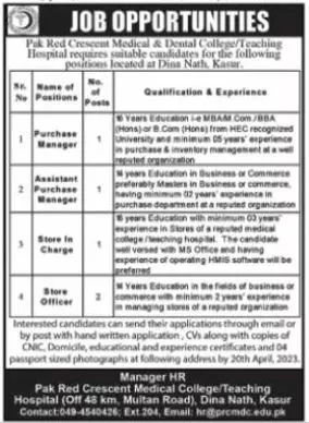 Pakistan Red Crescent Medical & Dental College jobs 2023 Jobs 2023 — original advertisement