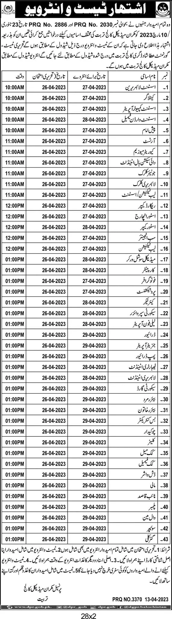 Makran Medical College Turbat Test Interview 2023 Jobs 2023 — original advertisement