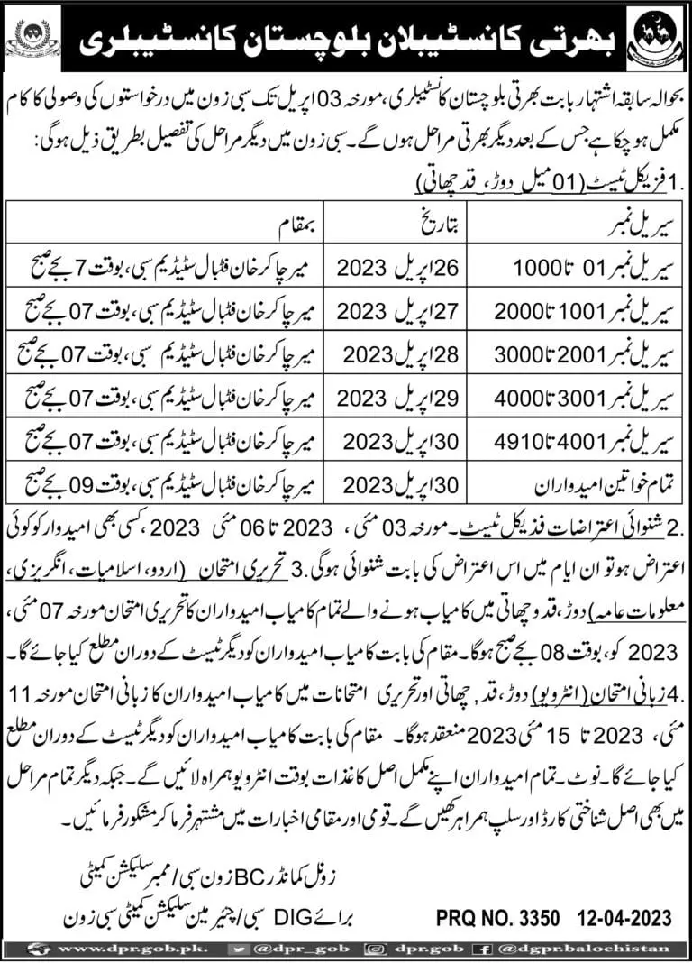 Balochistan Constabulary BC Sibi Zone Physical Test Schedule – Balochistan Police Department Jobs 2023 — original advertisement