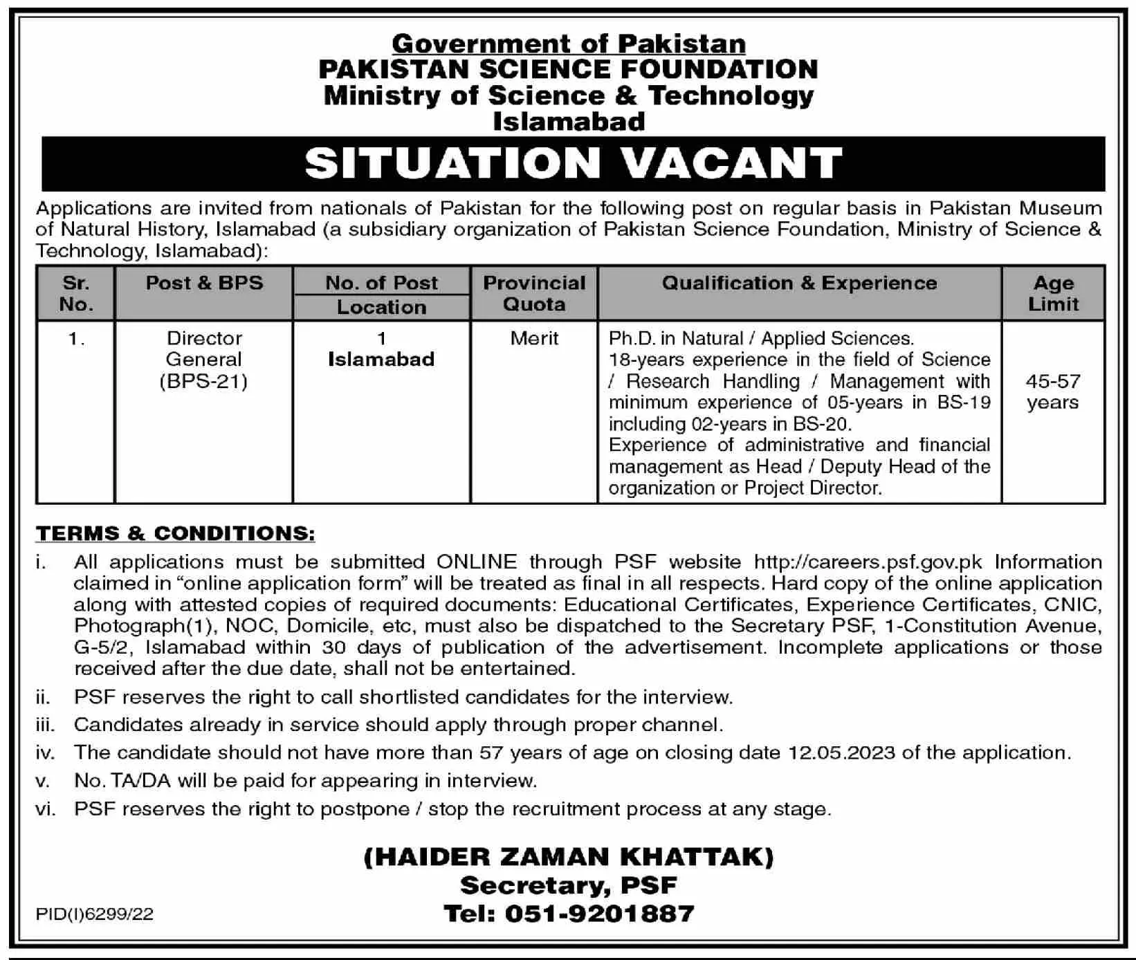 Pakistan Science Foundation Islamabad Jobs 2023 Jobs 2023 — original advertisement