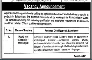 Private Sector Organization Quetta Job 2023 – Private Company Jobs 2023 — original advertisement