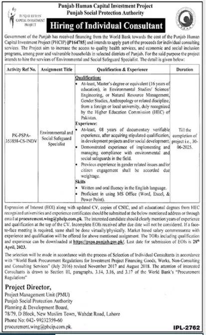 Punjab Social Protection Authority PSPA Lahore Jobs 2023 Jobs 2023 — original advertisement
