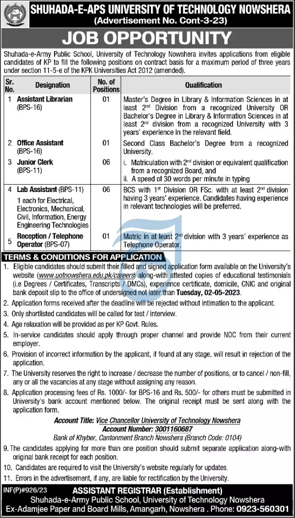 Shuhada e APS University of Technology Nowshera Jobs 2023 Jobs 2023 — original advertisement