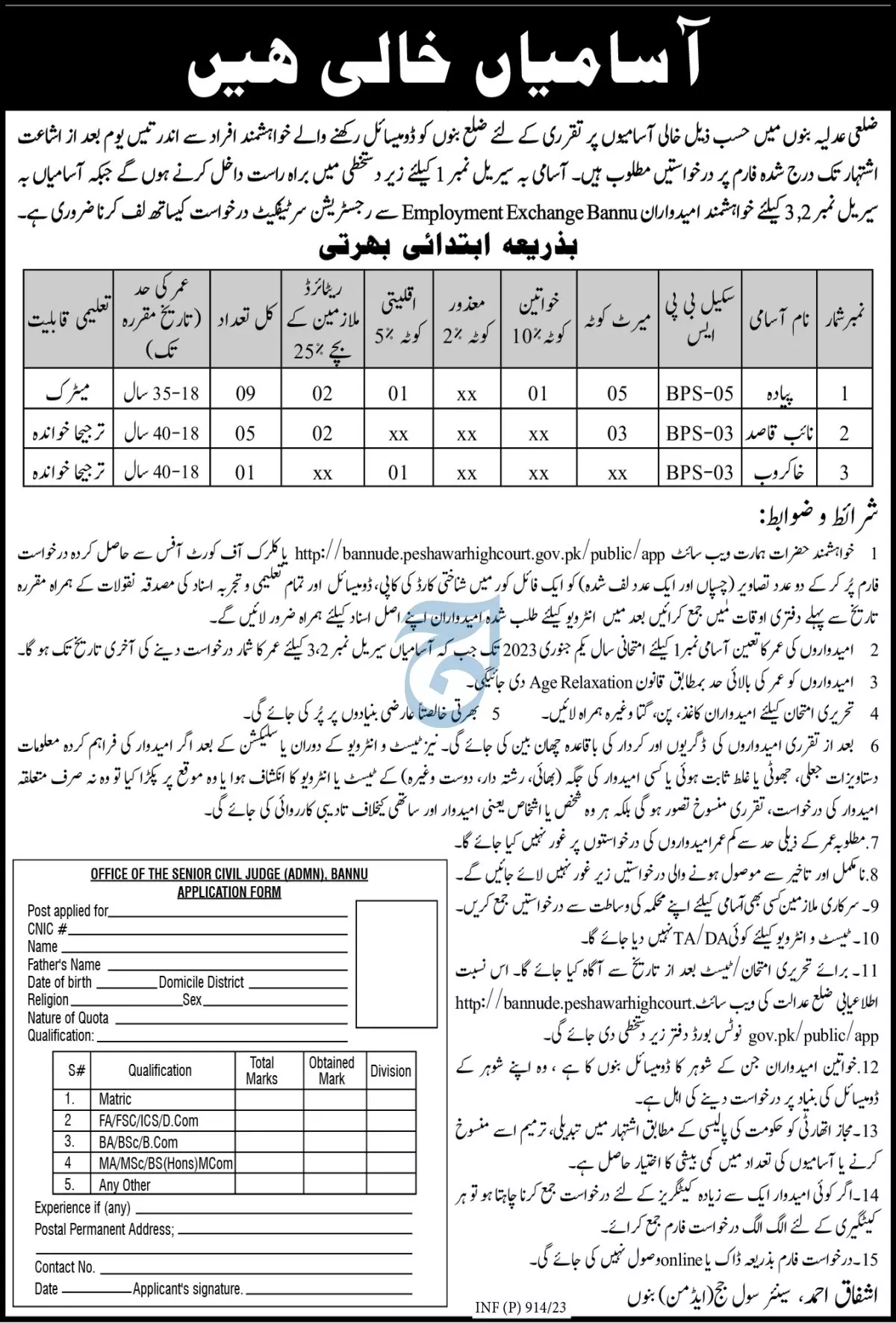 District Court Bannu Khyber Pakhtunkhwa Jobs 2023 Jobs 2023 — original advertisement