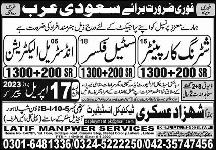 Industrial Electrician & Steel Fixer Jobs 2023 Saudi Arabia – Shahzad Askari Technical Institute Jobs 2023 — original advertisement