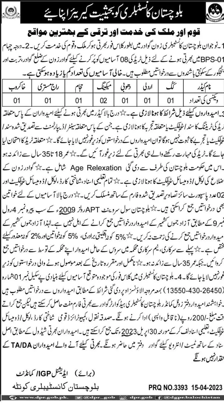 Balochistan Constabulary Gwadar Zone Jobs 2023 – Balochistan Police Department Jobs 2023 — original advertisement