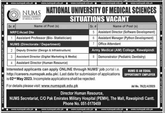 National University of Medical Sciences Nums Jobs 2023 – National University of Medical Science NUMS Jobs 2023 — original advertisement