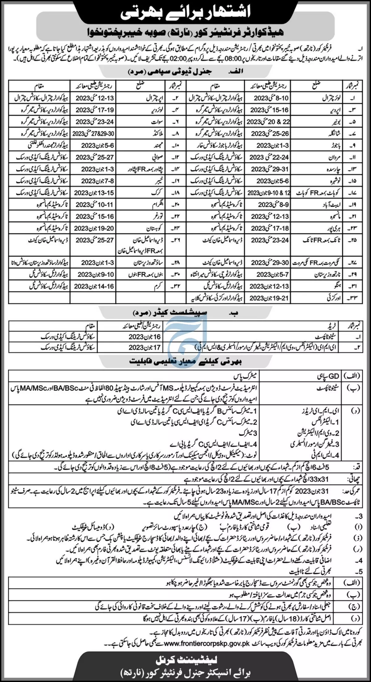 Forntier Corps North Khyber Pakhtunkhwa Jobs 2023 – Frontier Corps Kpk Jobs 2023 — original advertisement