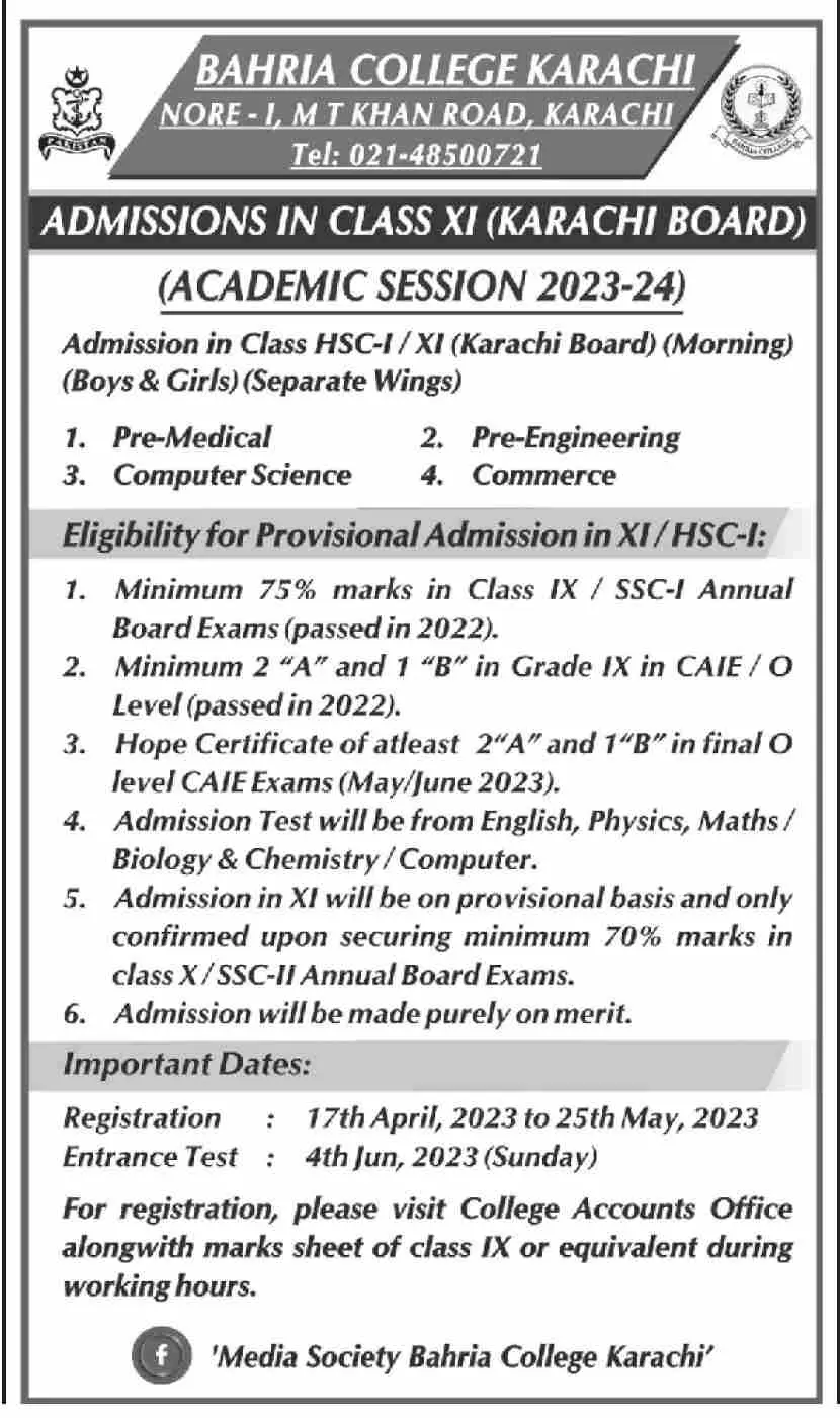 Bahria College karachi Admissions 2023 – Bahria college karsaz Admissions 2023 — original advertisement