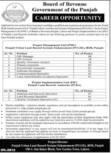 Board of Revenue Punjab Jobs 2023 – Revenue Department Punjab Jobs 2023 — original advertisement