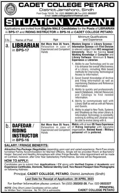 Cadet College Petaro District Jamshoro Sindh Jobs 2023 Jobs 2023 — original advertisement