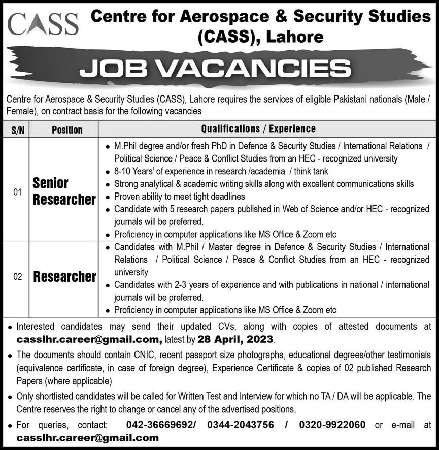 Centre For Aerospace & Security Studies CASS Jobs 2023 Jobs 2023 — original advertisement