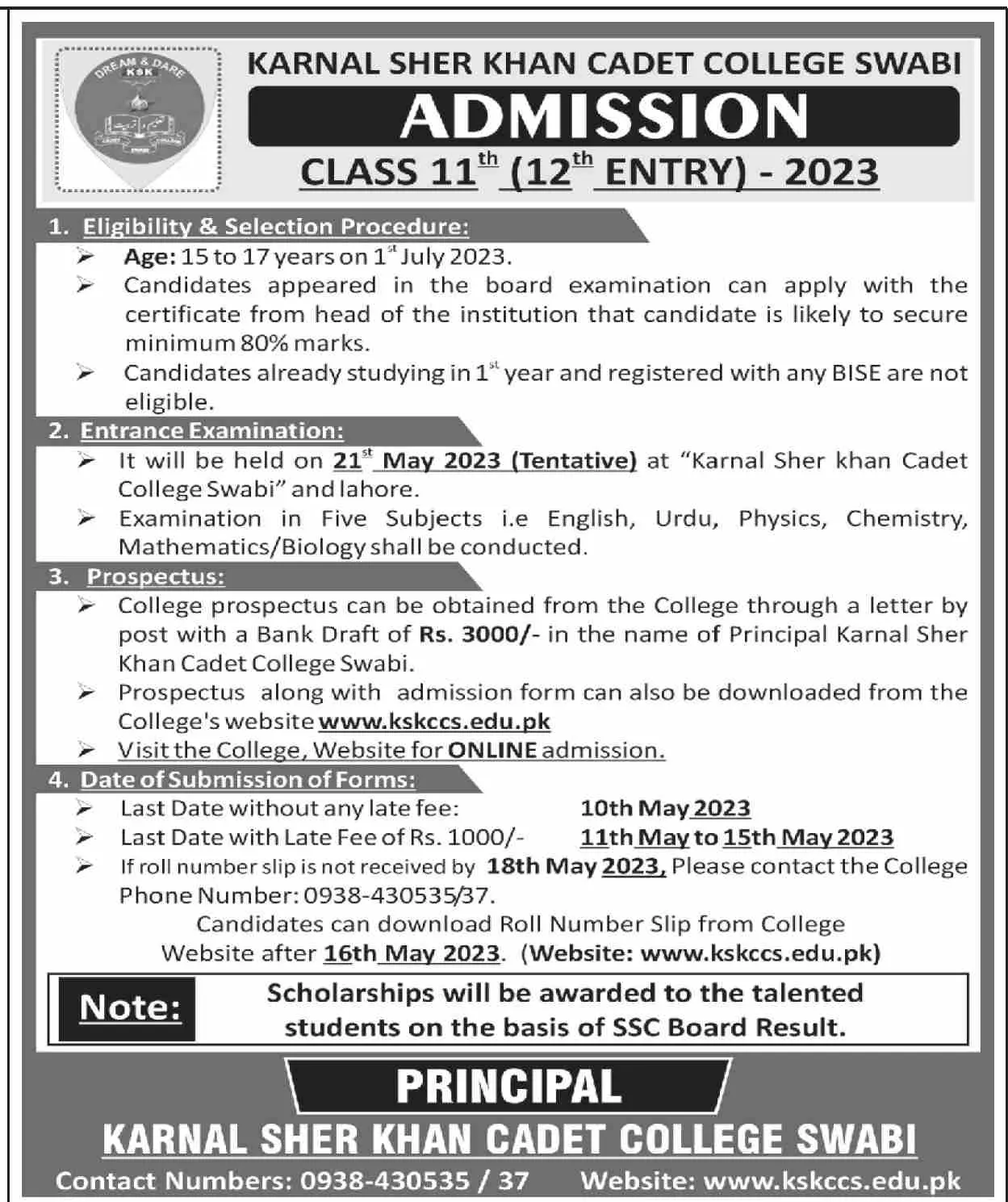 Karanal Sher Khan Cadet College Swabi Admissions 2023 – Karnal Sher Khan Cadet College Swabi Admissions 2023 — original advertisement