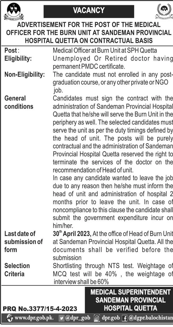 Sandeman Provisional Hospital Quetta Jobs 2023 Jobs 2023 — original advertisement