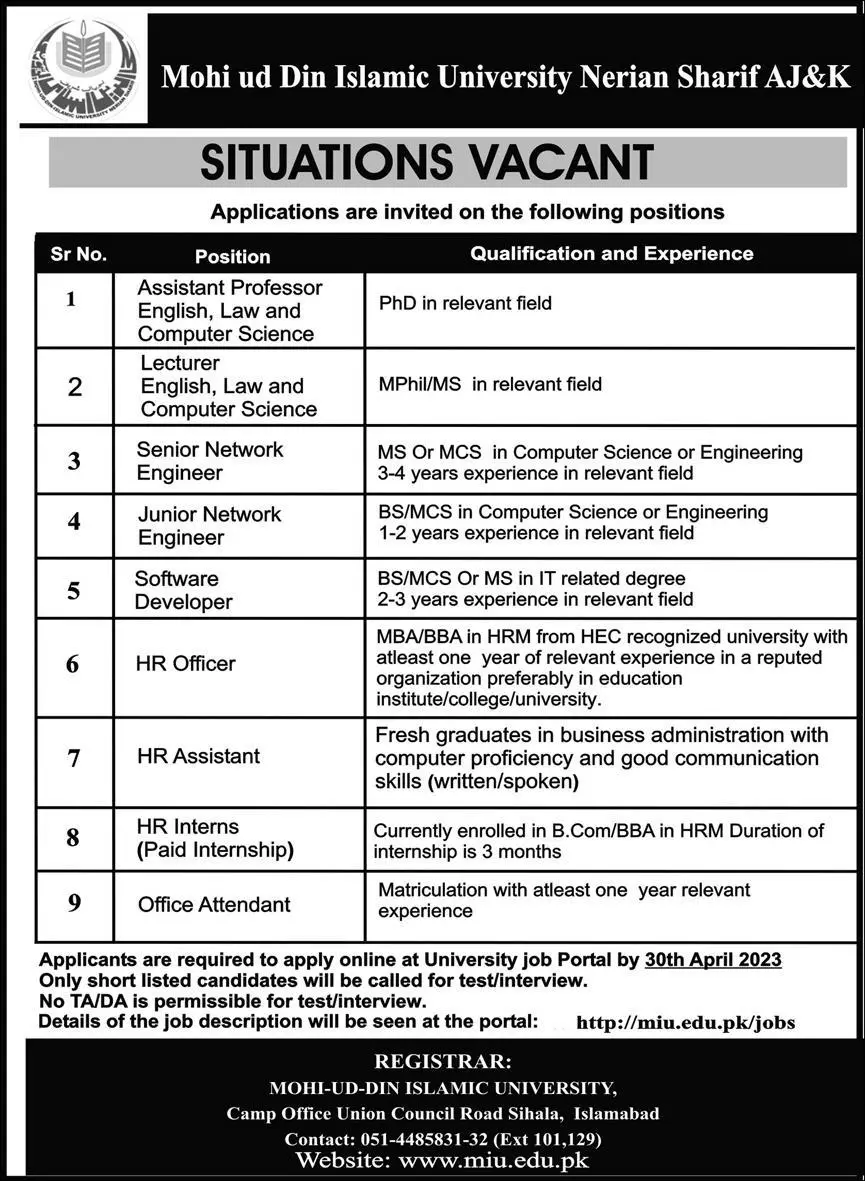 Mohi-ud-din Islamic University Nerian Sharif Aj&k Jobs 2023 – Mohi-ud-Din Islamic University Nerian Sharif AJK Jobs 2023 — original advertisement