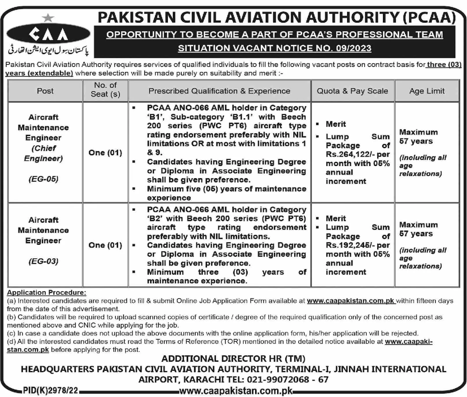 Pakistan Civil Aviation Authority PCAA Jobs 2023 – Pakistan Civil Aviation Authority (CAA) Jobs 2023 — original advertisement