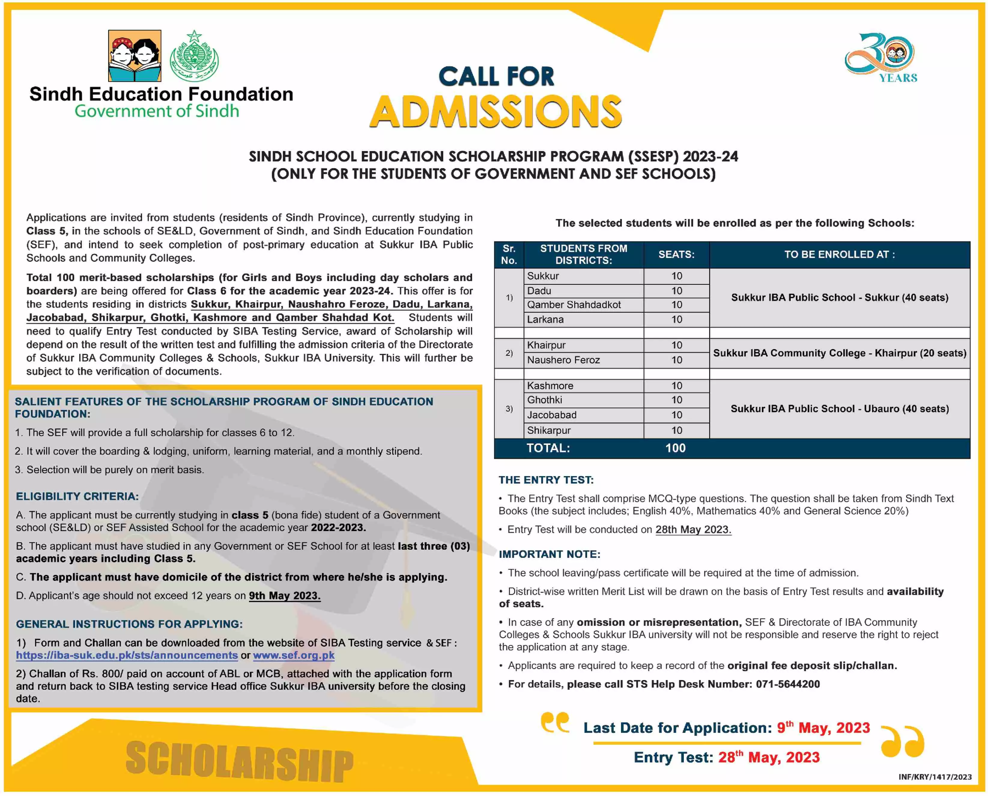 Sindh School Education Scholarship Program 2023-24 – Sindh Education Foundation Scholarships 2023 — original advertisement