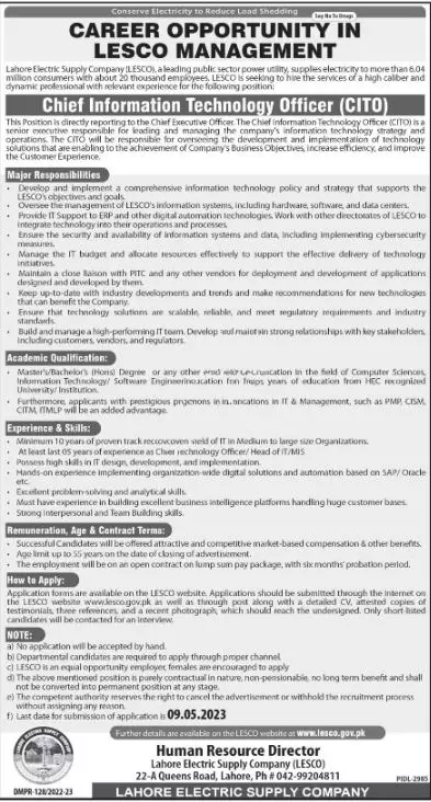Lahore Electric Supply Company LESCO Jobs 2023 – Lahore Electric Supply Company LESCO Lahore Jobs 2023 — original advertisement