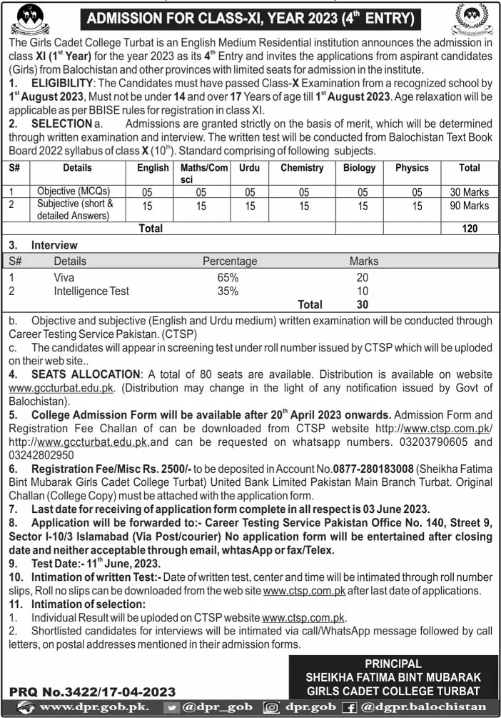 Sheikha Fatima Bint Mubarak Girls Cadet College Admissions – Sheikha Fatima Bint Mubarak Girls Cadet College Turbat Admissions 2023 — original advertisement