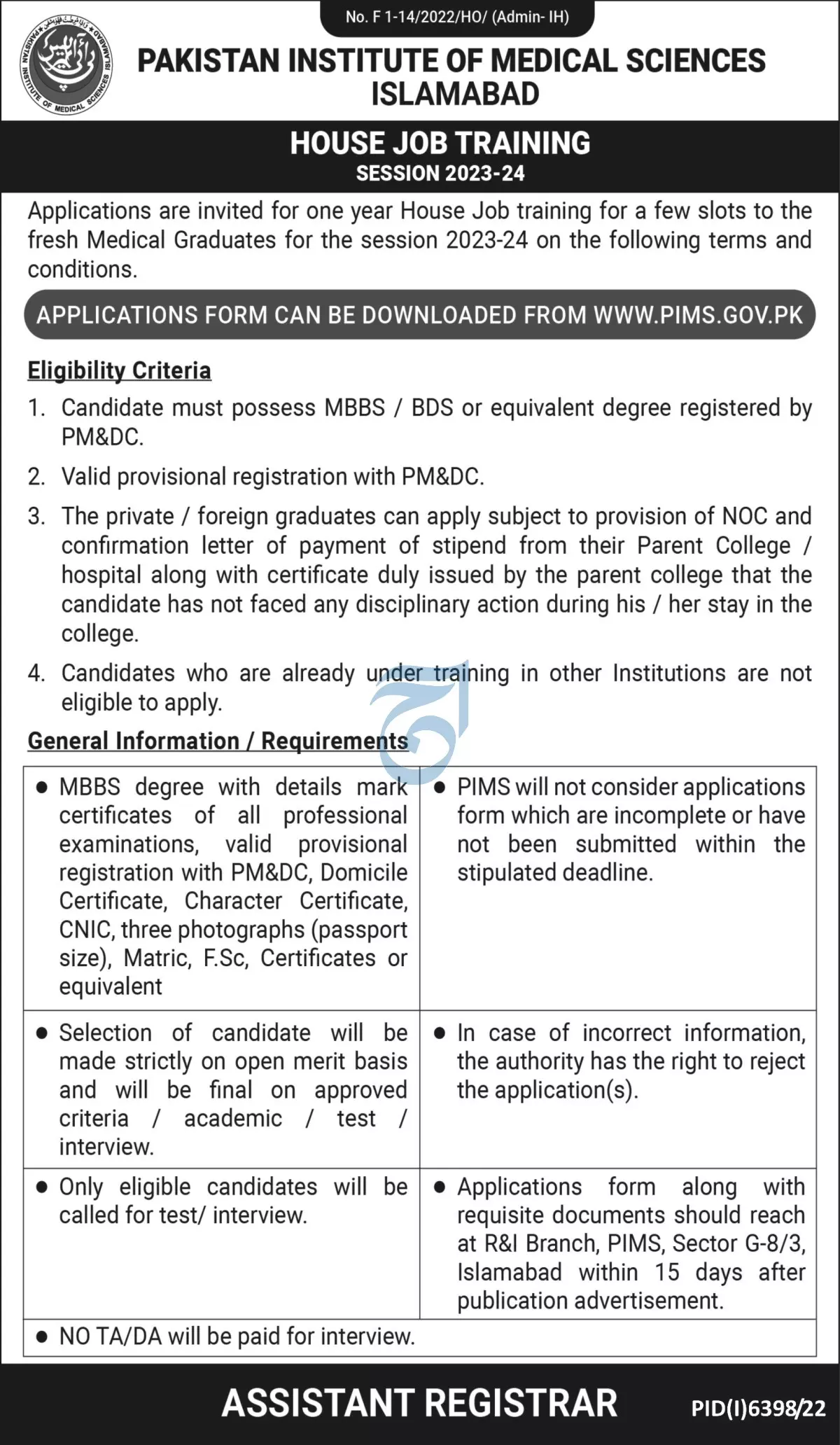 Pakistan Institute of Medical Sciences Islamabad Jobs 2023 – Pakistan Institute of Medical Sciences PIMS Islamabad Jobs 2023 — original advertisement