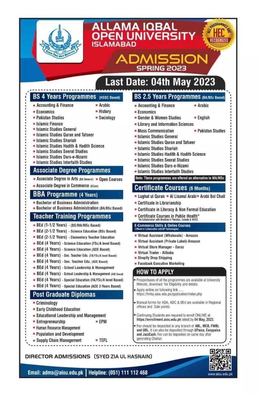 Allama Iqbal Open University AIOU Admissions 2023 – Allama Iqbal Open University Islamabad Admissions 2023 — original advertisement