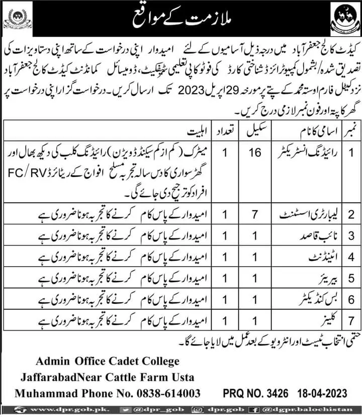 Cadet College Jaffarabad Jobs 2023 Jobs 2023 — original advertisement