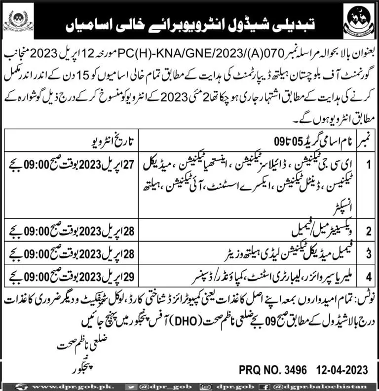 Health Department Panjgur Interview 2023 – Health Department Balochsitan Jobs 2023 — original advertisement