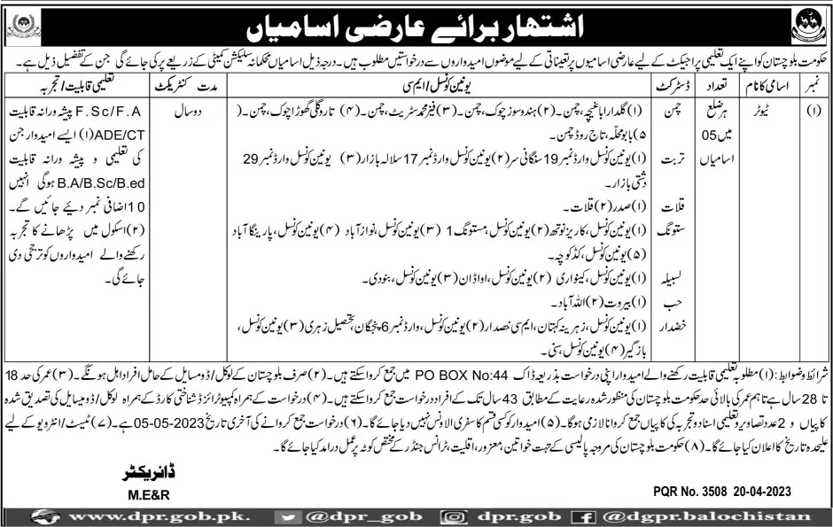 Education Project balochistan Tutor Jobs 2023 – Public Sector Organization Jobs 2023 — original advertisement