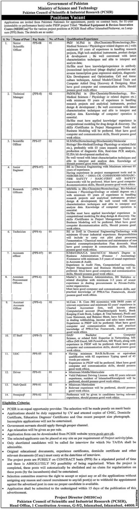 PCSIR Jobs 2023 – Pakistan Council of Scientific and Industrial Research Jobs 2023 — original advertisement