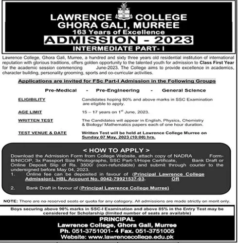 Lowrence College Ghora Gali Murree Admissions 2023 – Lawrence College Ghora Gali Admissions 2023 — original advertisement