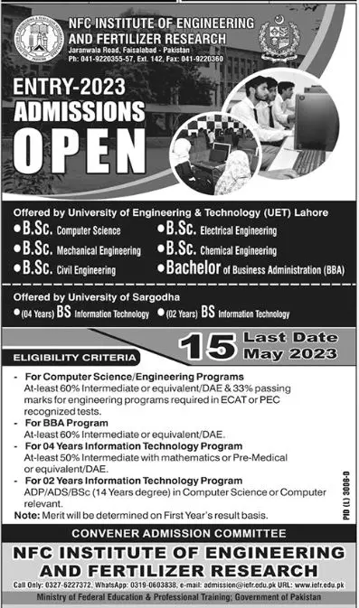 Nfc Institute of Engineering & Fertilizer Research Admission – NFC Institute of Engineering and Fertilizer Research Faisalabad Admissions 2023 — original advertisement