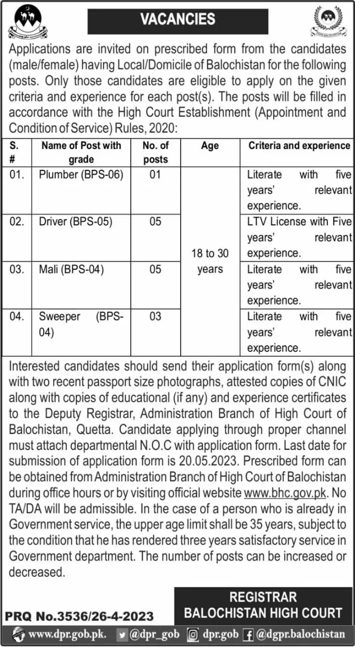 Balochistan High Court Jobs 2023 Jobs 2023 — original advertisement