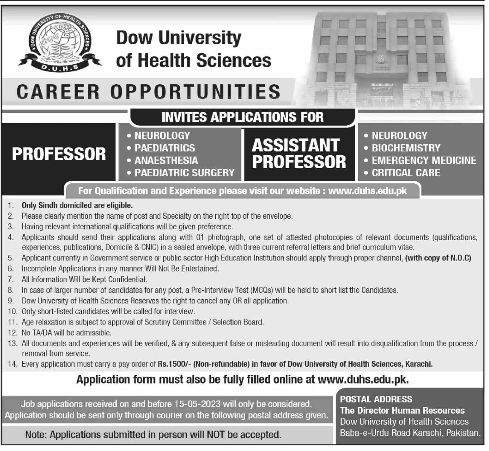 Dow university of Health Sciences Karachi Jobs 2023 Jobs 2023 — original advertisement