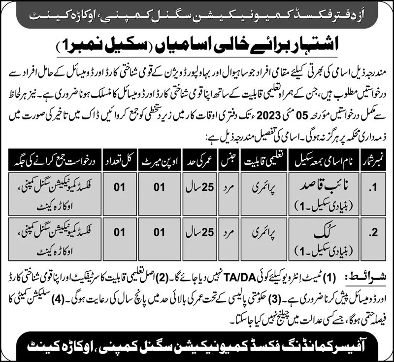 Fixed Communication Signal Company Okara Cantt Jobs 2023 – Pak Army Fixed Communication Signal Company Jobs 2023 — original advertisement