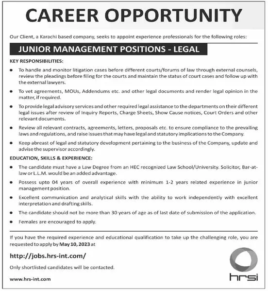 Karachi Based Company Jobs 2023 – HRSG People and Business karachi Jobs 2023 — original advertisement