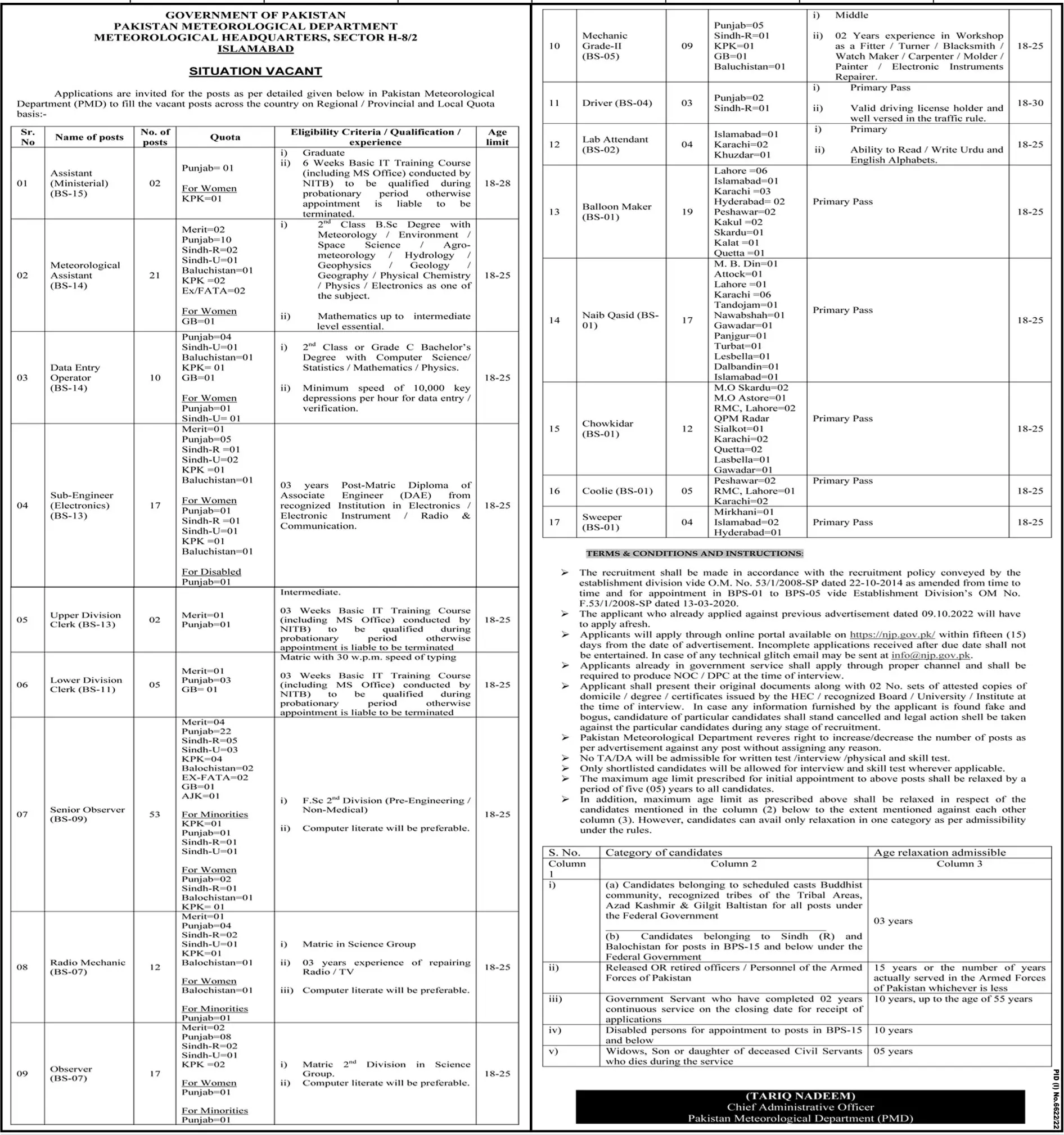 Pakistan Meteorological Department Islamabad Jobs 2023 Jobs 2023 — original advertisement