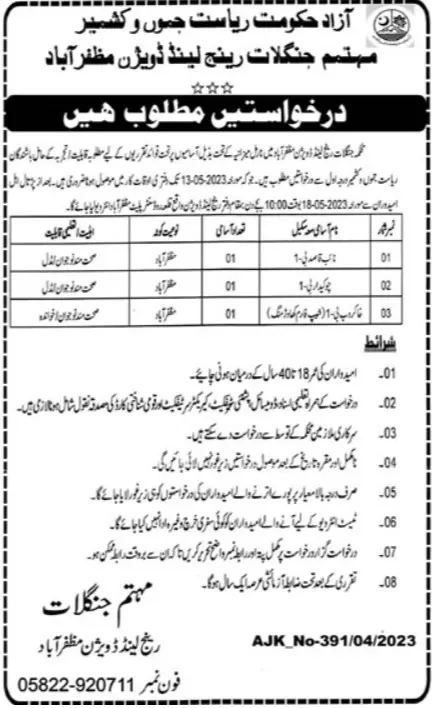 Forest Department Muzaffarabad Jobs 2023 – Forest Wildlife & Department Azad Jammu Kashmir Jobs 2023 — original advertisement